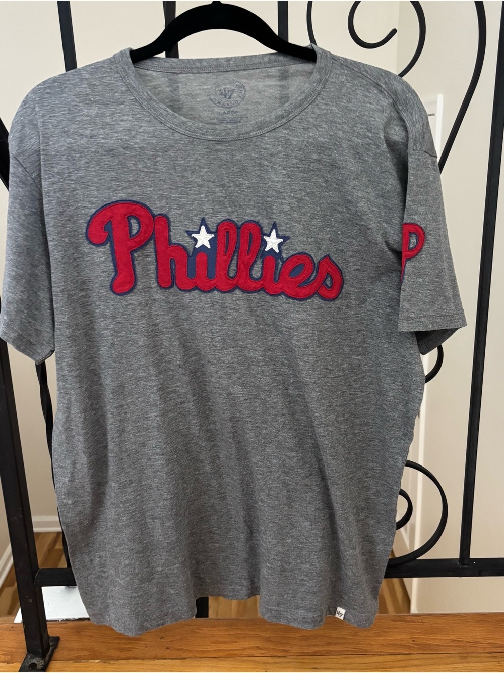 47 men’s Phillies Grey Tee with Red Script and White Stars